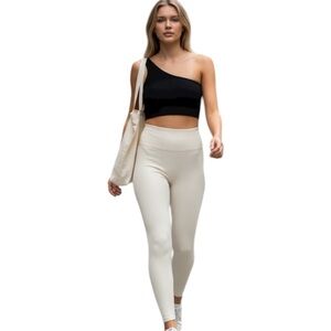 New 2pc Ribbed Black Sports Bra & Cream Legging Gymwear Workout Yoga MED